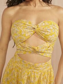 L'Amorae Twist Cut Out Ruffle Hem Print Dress