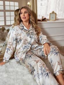 Plus Size Women Floral Print Long Sleeve Button-Up Top And Pants Pajama Set - Multicolor - View 1