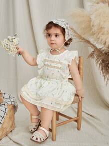 SHEIN Baby Girl Summer Vacation Ditsy Floral Lace Hem Shirt Skirt Set - White - View 3