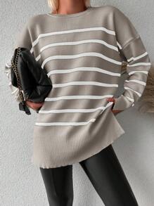 EURMUSE 女用條紋落肩寬鬆毛衣