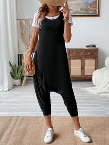 SHEIN أوفرول نسائي بلا أكمام واسع الساقين ولون سادة للصيف - الأسود - مشاهدة 6