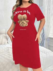 Vestido de pijama casual de manga corta con estampado de oso para tallas grandes, para primavera y verano, vestido de noche Moo Moo - Burdeos - Ver 1