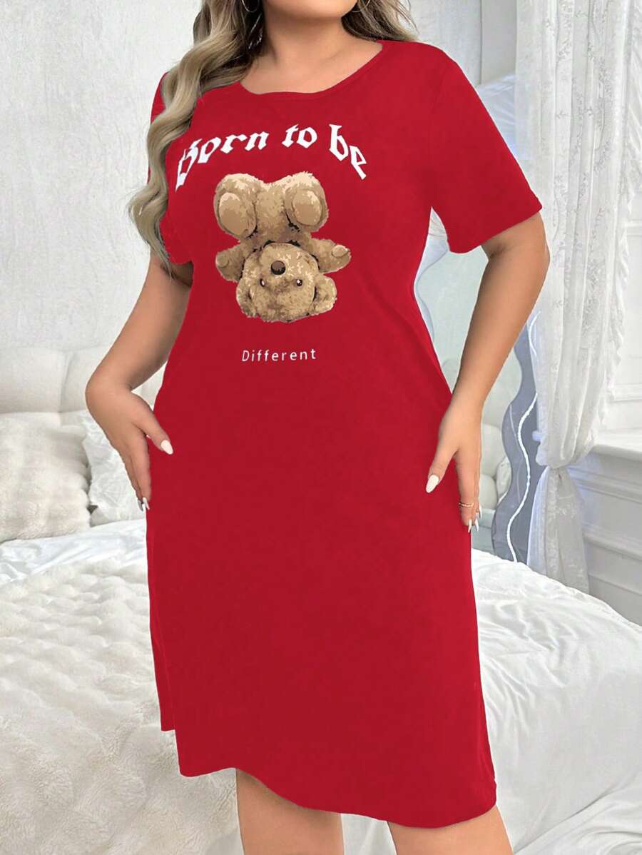 Vestido de pijama casual de manga corta con estampado de oso para tallas grandes, para primavera y verano, vestido de noche Moo Moo - Burdeos - Ver 1