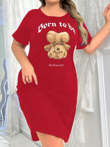 Vestido de pijama casual de manga corta con estampado de oso para tallas grandes, para primavera y verano, vestido de noche Moo Moo - Burdeos - Ver 6