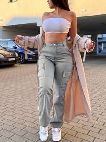 Casual Solid Color Multi Pocket Utility Pants - 淺灰色 - 查看 1