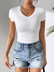 SHEIN PETITE Women's Casual V-Neck Slim Fit Top - White - View 3