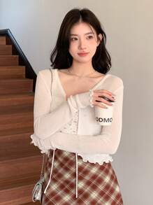 DAZY 女式春夏休闲纯色透视针织开衫 - 杏色 - 查看 2