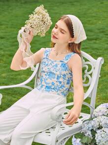 SHEIN Tween Girl Fashionable Simple And Sweet Printed Top Top And Solid Color Long Pants Set - Blue and White - View 1