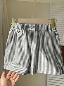 SHEIN EZwear Black And White Woven Stripe Women's Letter Patchwork Casual Shorts - Black and White - View 6