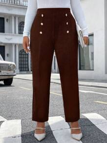 Celure Plus Button Detail Pants - Coffee Brown - View 4