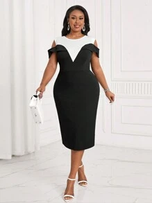 SHEIN Lady Plus Size Women's Graduation Dress, Black & White Color Block Off Shoulder Summer Dress - Black and White - View 1