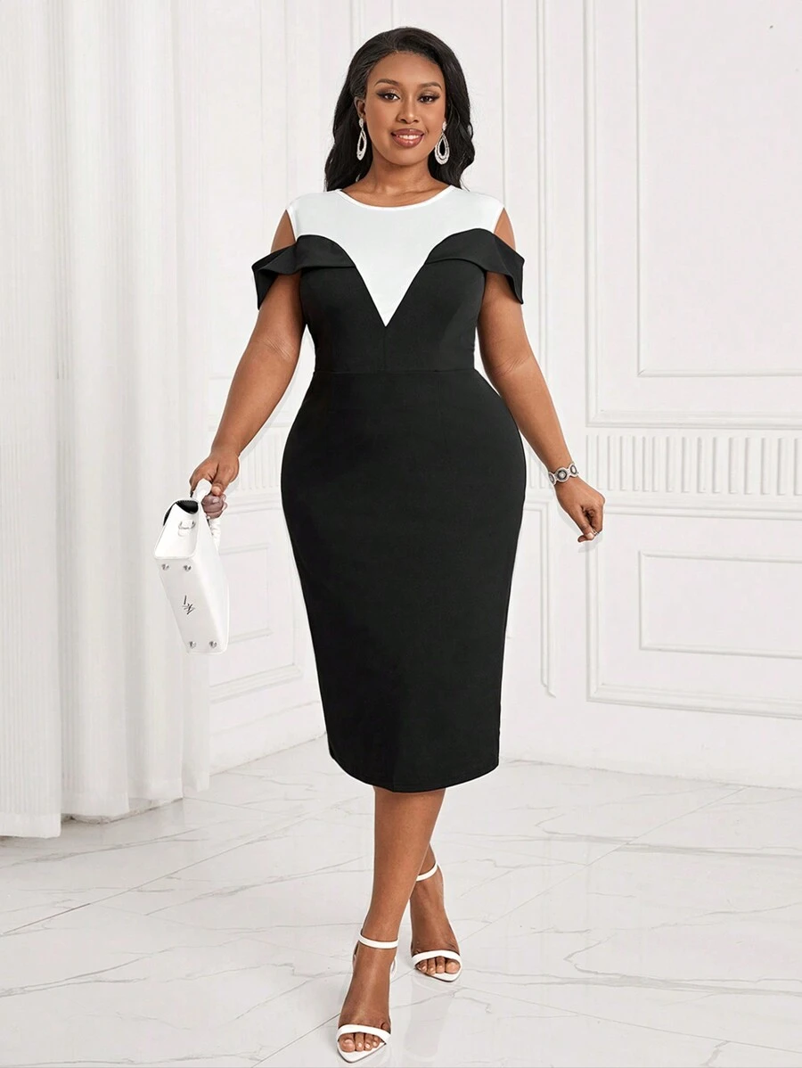 SHEIN Lady Plus Size Women's Graduation Dress, Black & White Color Block Off Shoulder Summer Dress - Black and White - View 1