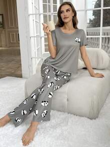 Women's Cute Panda Cartoon Short Sleeve Pajama Set With Long Pants - Grey - View 4