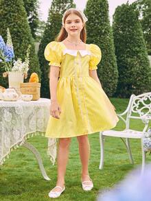 Váy kẻ sọc Tween Girl 1pc, mùa hè - Màu vàng - Xem 3