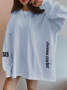 DAZY Women's Spring/Summer Slogan Printed Round Neck Loose Fit Long Sleeve Casual T-Shirt THE CHEESE IS A METAPHOR FOR WHAT YOU WANT IN LIFE - Blue - View 5