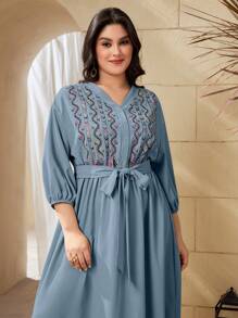 Mulvari Plus Size Bohemian Style V-Neck Belted Dress For Summer - Blue - View 6