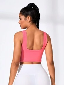 SHEIN Sports 女士 massugu 運動背心，純色緊身設計，寬肩帶，適合夏季 - 粉色 - 查看 7