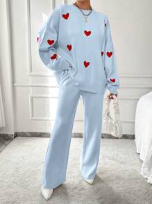 EURMUSE Women's Heart Pattern Drop Shoulder Sweater 2pcs/Set - Baby Blue - View 5