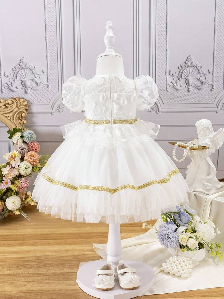 Baby Girl 3d Flower Mesh Short Sleeve Tutu Dress