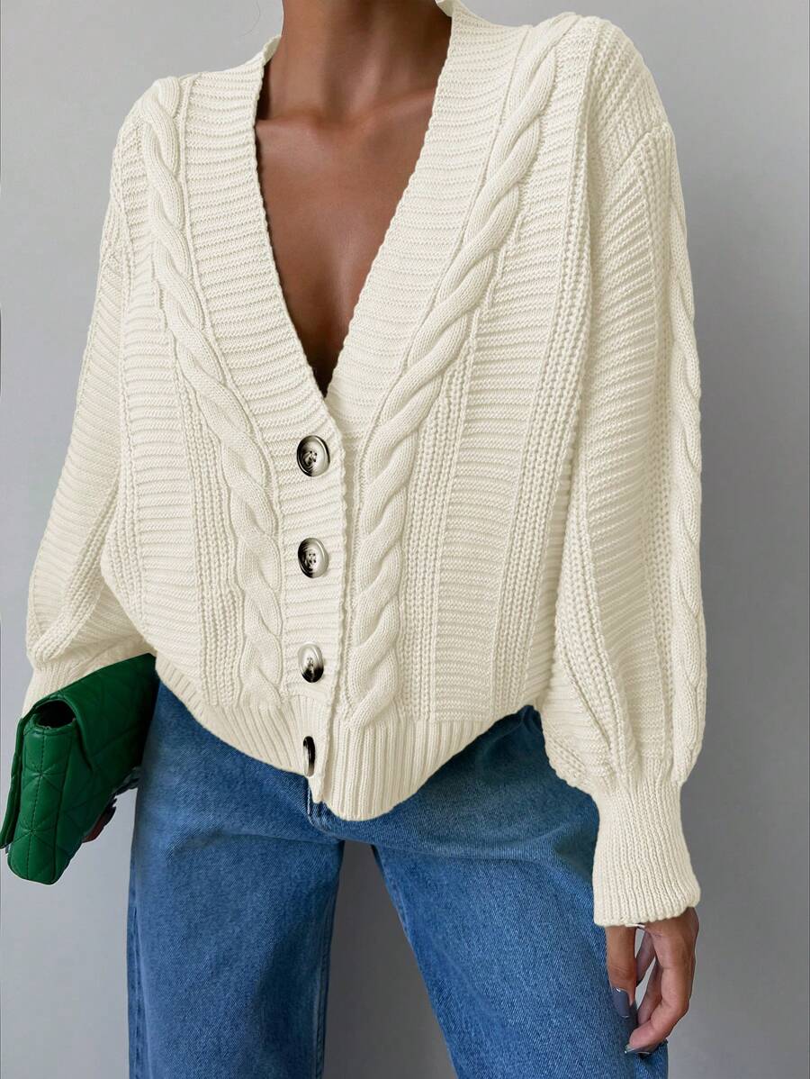 EURMUSE Solid Drop Shoulder Cable Knit Cardigan - Beige - View 1