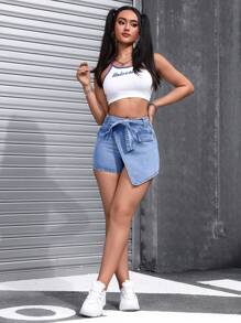 SHEIN EZwear 女款休閒牛仔裙，腰部打結設計，無對稱下擺 - 中等水洗藍 - 查看 1