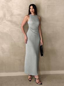 SHEIN Essnce Women's Summer Solid Color Ruched Waist Sleeveless Dresscasualold Money Outfitsmodernlong Dress - Light Grey - View 3