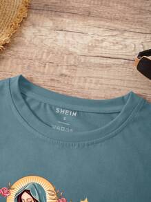 INAWLY Women's Summer Flower & Virgin Mary Printed Round Neck Short Sleeve Casual T-Shirt Graphic Tees Women Tops