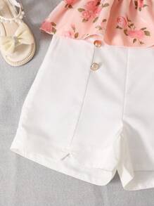 Tween Girl Digital Allover Print Full Floral Pattern Vacation Style White Top And Pants Set, 2pcs