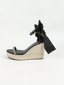 女式高跟防水平台涼鞋，夏季時尚高跟鞋帶楔形及草邊，適合踏上T臺 - 黑色 - 查看 6