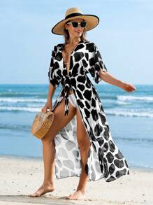 Swim Lushoire Summer Holiday Cow Print Drawstring Waist Batwing Sleeve Beach Cover-Up Kimono,Summer Beach - Multicolor - View 5