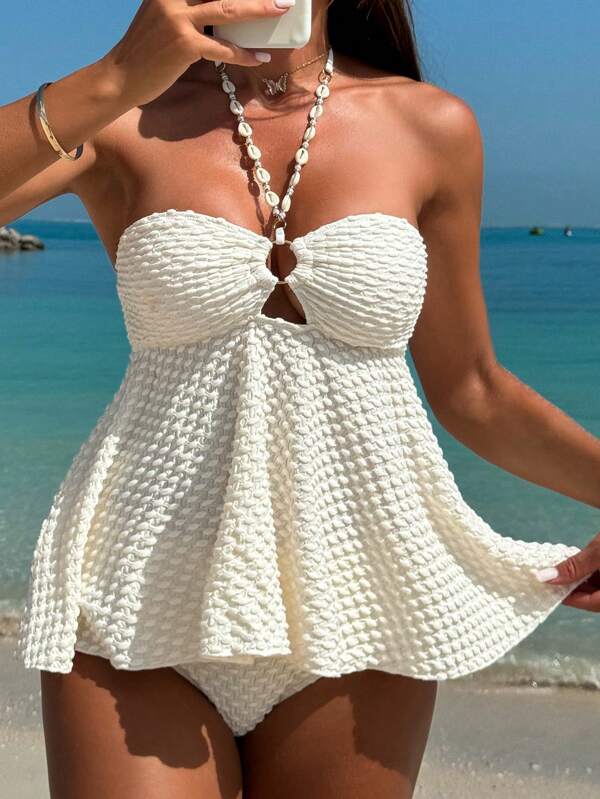 Swim Lushoire Conjunto Tankini Feminino Texturizado Cor Sólida para Praia de Verão
