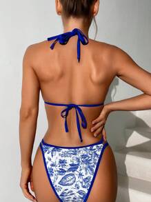 SHEIN Swim 女士度假植物印花露背系带性感比基尼套装夏季 - 藍白色 - 查看 3