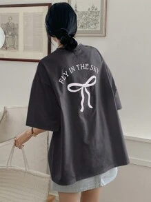 DAZY Áo thun nữ mùa hè in hình bướm dáng rộng cổ tròn thả vai tay ngắn thường ngày dễ thương Áo thun cỡ lớn - Màu xám đen - Xem 1