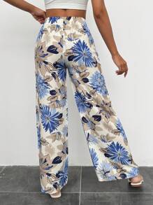 RueChic Women's Blue Floral Print  Wide Leg Pants - Blue - View 2