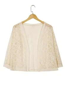 茶花花邊拼接肋紋羅紋針織開衫，搭配3/4袖