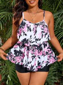 Swim Lushoire Plus Size Women's Summer Beach Vacation Flower Print Ruffle Hem Top And Shorts Casual Tankini Set - Multicolor - View 6