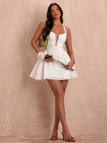 SHEIN BAE 夏季假日約會甜心露背荷葉邊蝴蝶結蓬蓬白色純色女裝連衣裙 - 白色 - 查看 4