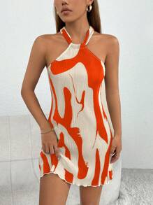 SHEIN PETITE Vestido corto de verano con tirantes halter y estampado gráfico con ribete de lechuga - Naranja - Ver 5