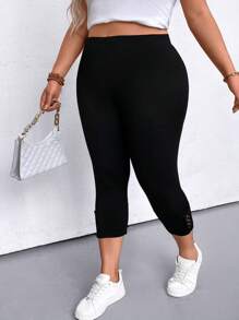 SHEIN Plus Size Women's Solid Color Simple Everyday Leggings - Black - View 6