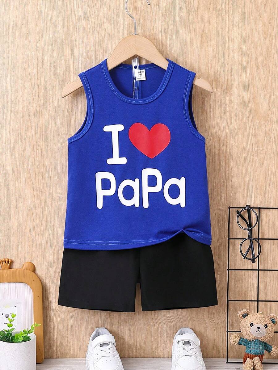 SHEIN Young Boy Casual Simple Heart Printed Sleeveless Tank Top, Summer Getaway, Holiday, Travel, Relax, Sunbathing - Blue - View 1