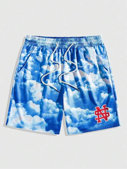 Prep Men's Cloud & Letter Print Basketball Mesh Shorts, School