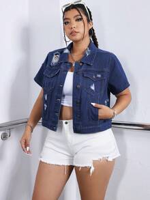 SHEIN ICON 大尺碼女士單色簡約日常牛仔外套 - 中等水洗藍 - 查看 6