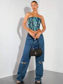 SHEIN BAE 無肩帶假日印花綁帶點綴維多利亞秘密樣式馬甲上衣，電音節奏造型，鄉村音樂會服裝束，派對節奏造型襯衫 - 藍色 - 查看 1