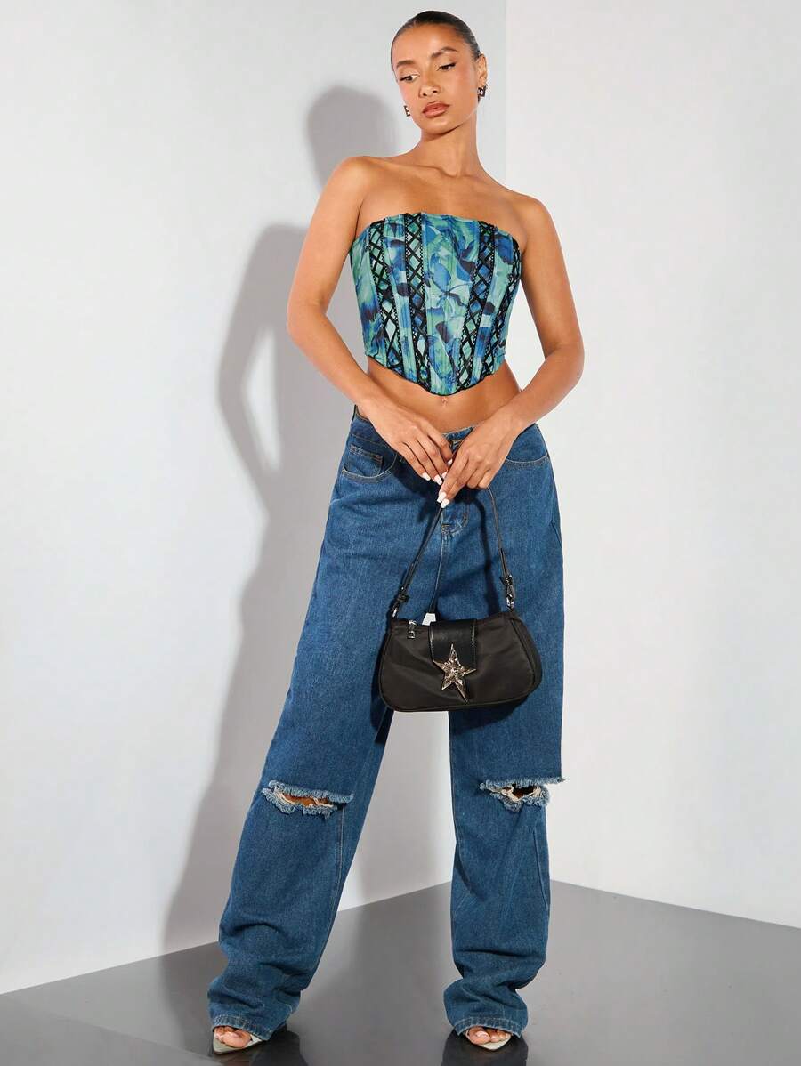 SHEIN BAE 無肩帶假日印花綁帶點綴維多利亞秘密樣式馬甲上衣，電音節奏造型，鄉村音樂會服裝束，派對節奏造型襯衫 - 藍色 - 查看 1