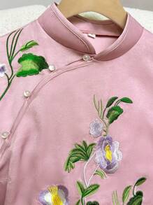 Modelyn Elegant Flower Embroidery Stand Collar Long Sleeve Hanfu Top For Spring, Vintage Classic Tang Suit Hanfu Top - Pink - View 3