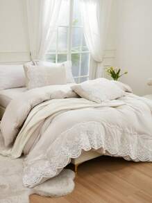3pcs Beige Synthetic Polyester Bottom Surface With A Mesh Duvet Cover Kit - Beige - View 17