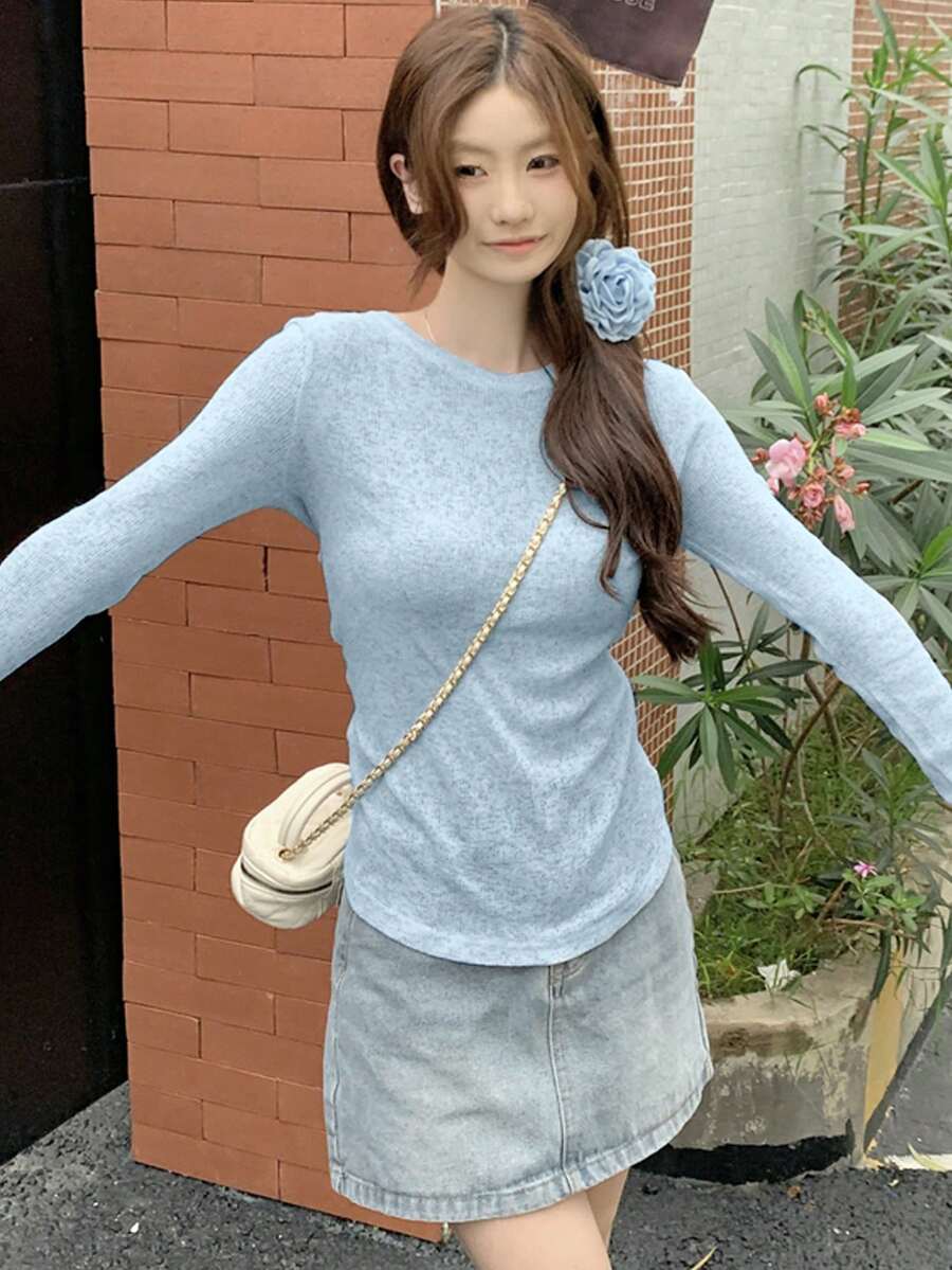 韩版圆领修身女式T恤,防晒,秋季/春季 - 淺藍色 - 查看 1
