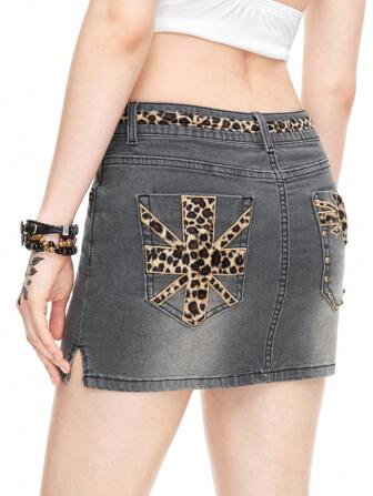 Hippie Falda delgada de mezclilla con aberturas y estampado de leopardo para mujer en verano