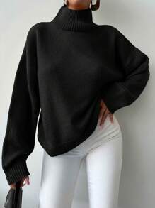 EURMUSE Women's Solid Color Stand Collar Drop Shoulder Sweater - Black - View 4