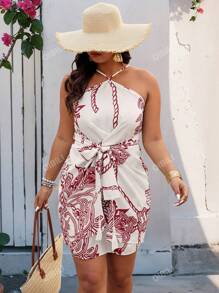 Plus Size Holiday Casual Random Printed Wrap Around Tie Neck Dress